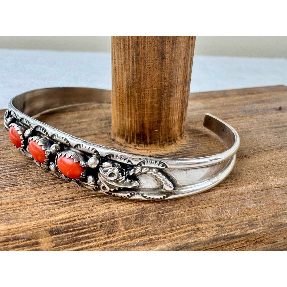 Southwestern Sterling Silver Red Coral Leaf Cuff Bracelet Stamped S Sterling - Picture 7 of 8